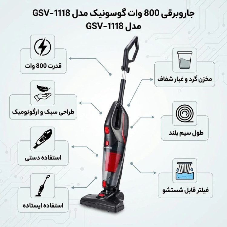 جاروبرقی پرتابل گوسونیک مدل 1118 دوکاره با موتور 800 وات